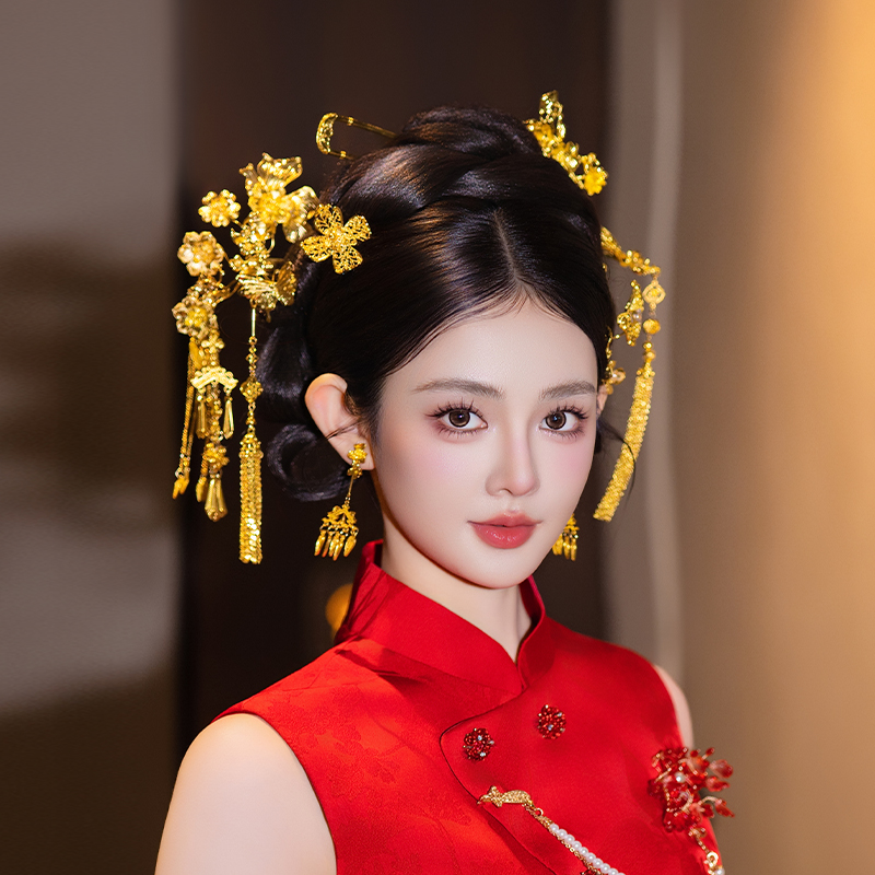 合金婚庆饰品 古风新娘全花朵步摇流苏金色大气富贵感发饰MT0136