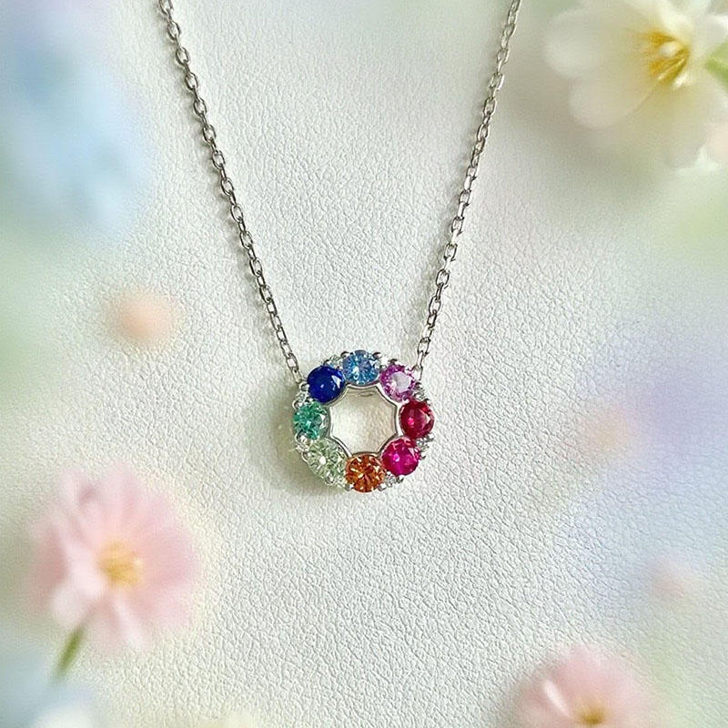 培育蓝宝石S925银镶嵌培育宝石项链彩宝甜甜圈吊坠时尚百搭