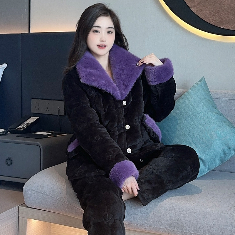 新款三层夹棉珊瑚绒睡衣女士冬季加绒加厚保暖高级感家居服套装
