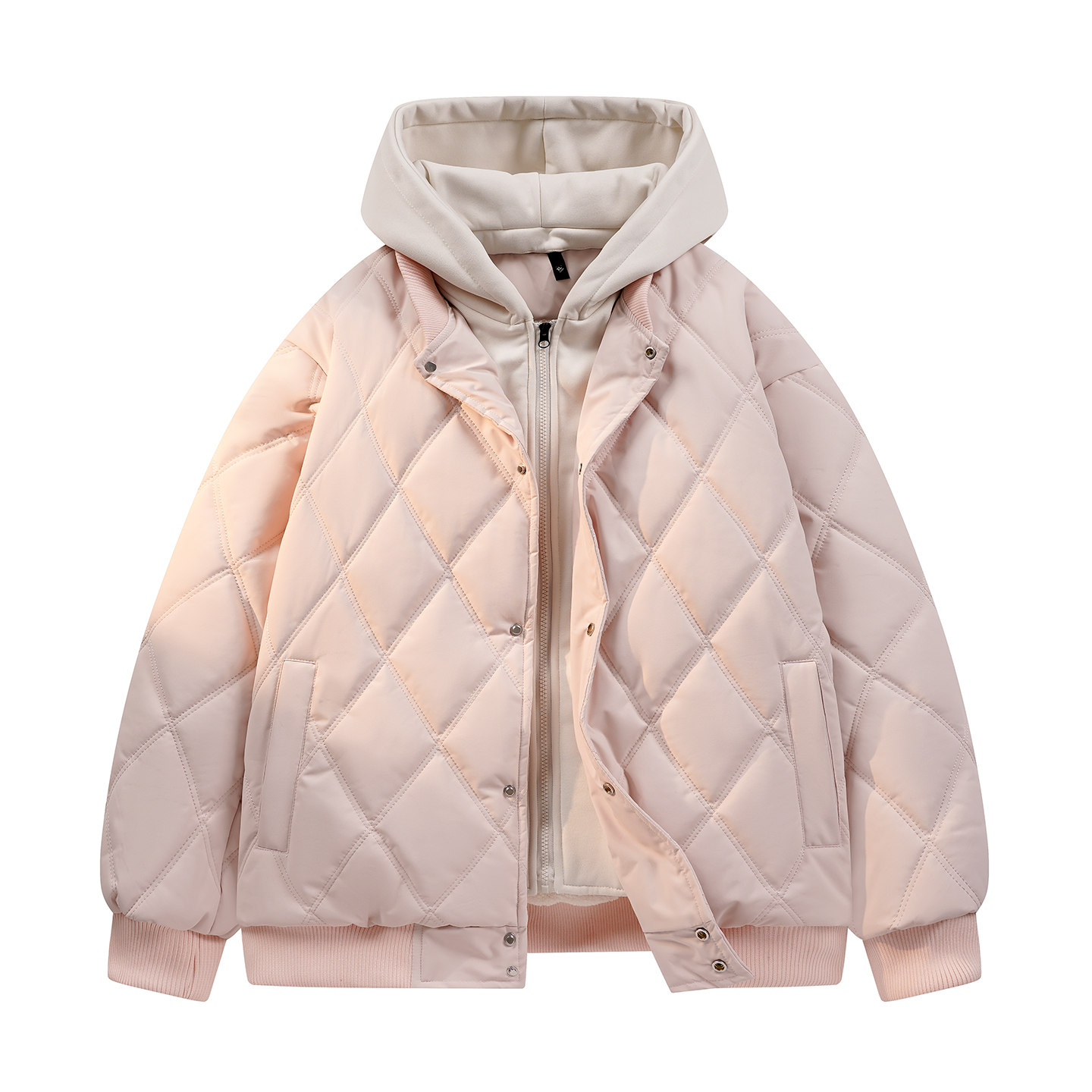 美式简约复古纯色连帽菱形格宽松休闲舒适百搭加绒加厚棉服