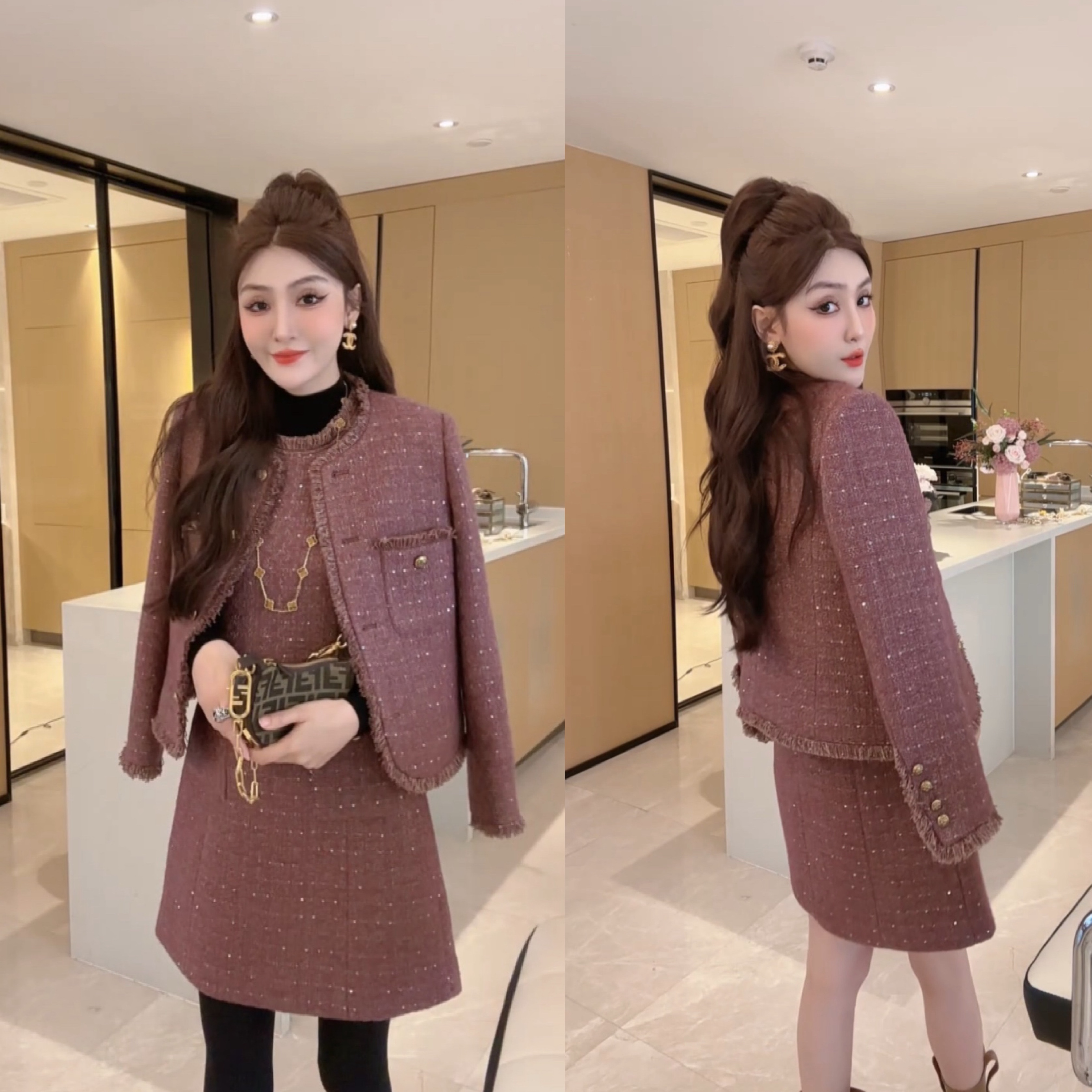 M9A86183   秋冬名媛短款长袖A字无袖短裙纯色时尚小香风背心裙