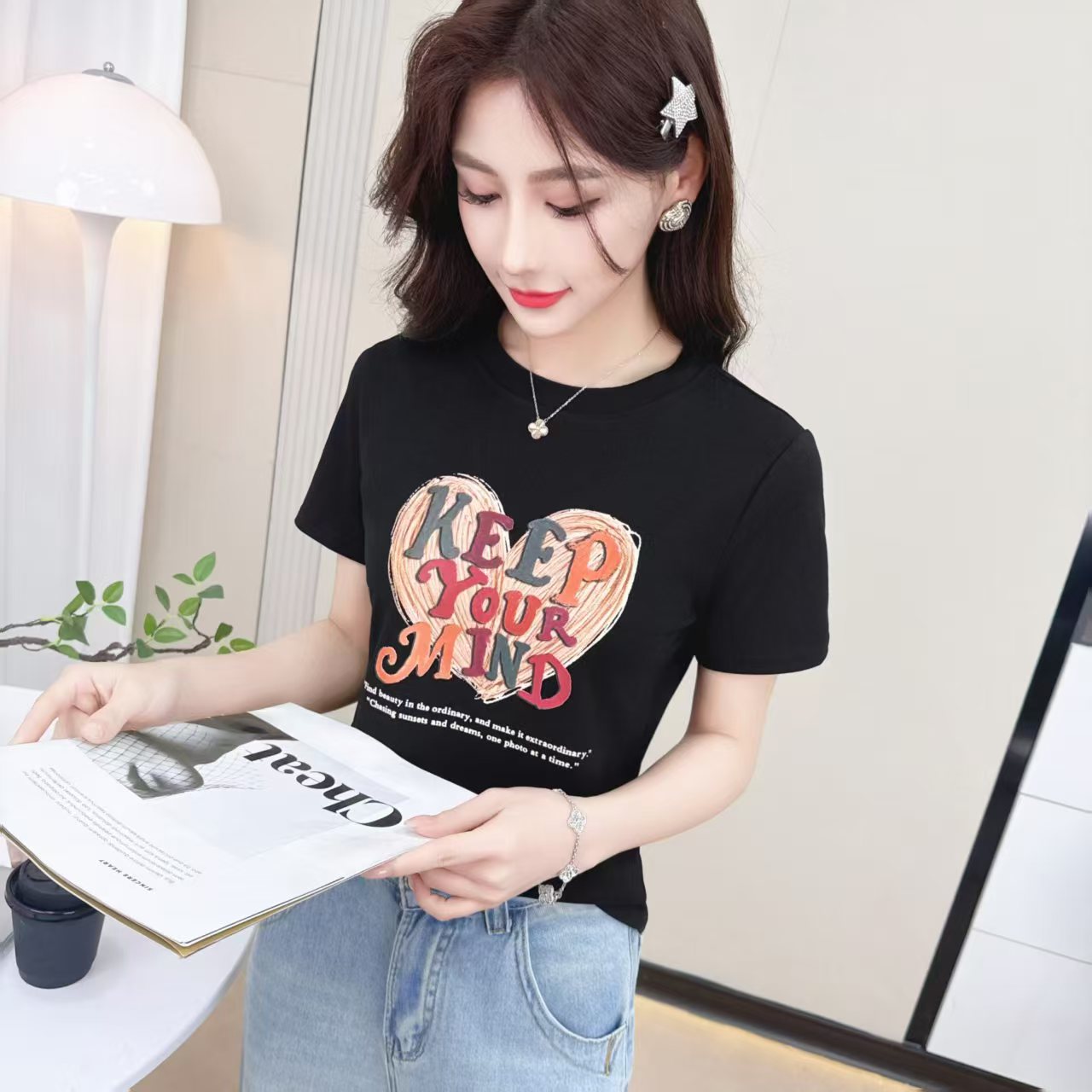 2583款欧洲站夏新款欧货时尚字母圆领爱心短袖T恤女宽松显瘦上衣