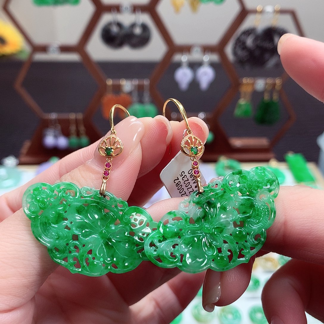 翡翠耳饰18K金镶嵌天然翡翠