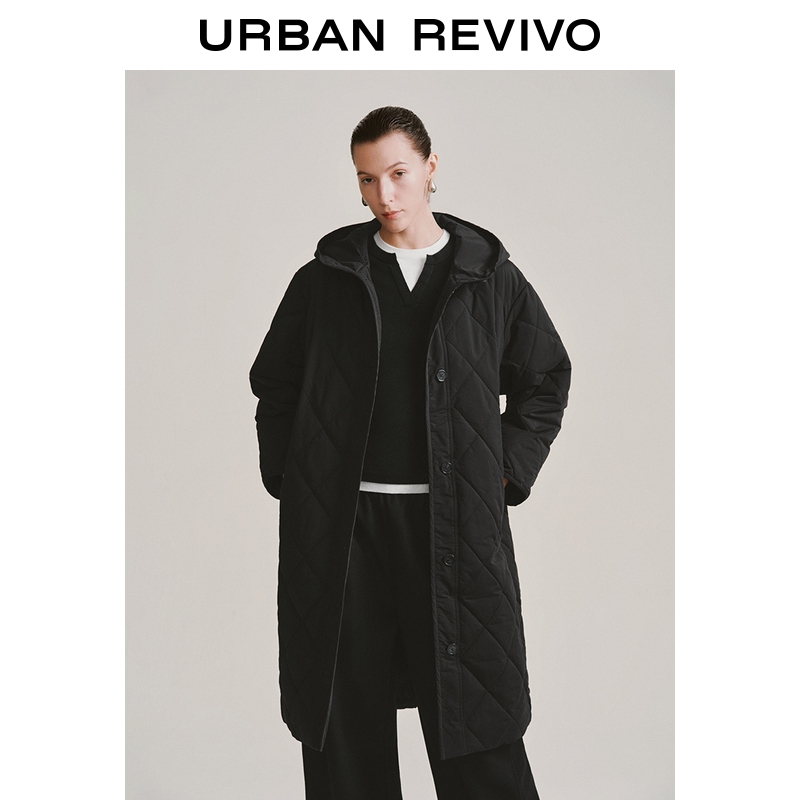 UR2025冬季新款女装气质简约菱格绗缝连帽长款棉服UWM150074