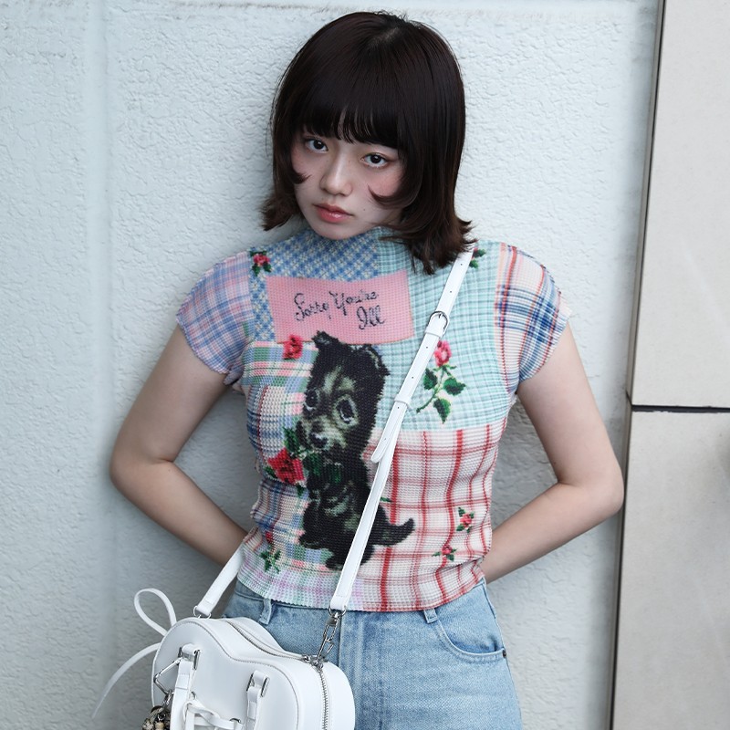 【自播】MOF礼物商店 褶皱衫 小黑猫格子拼图褶皱衫短袖T恤