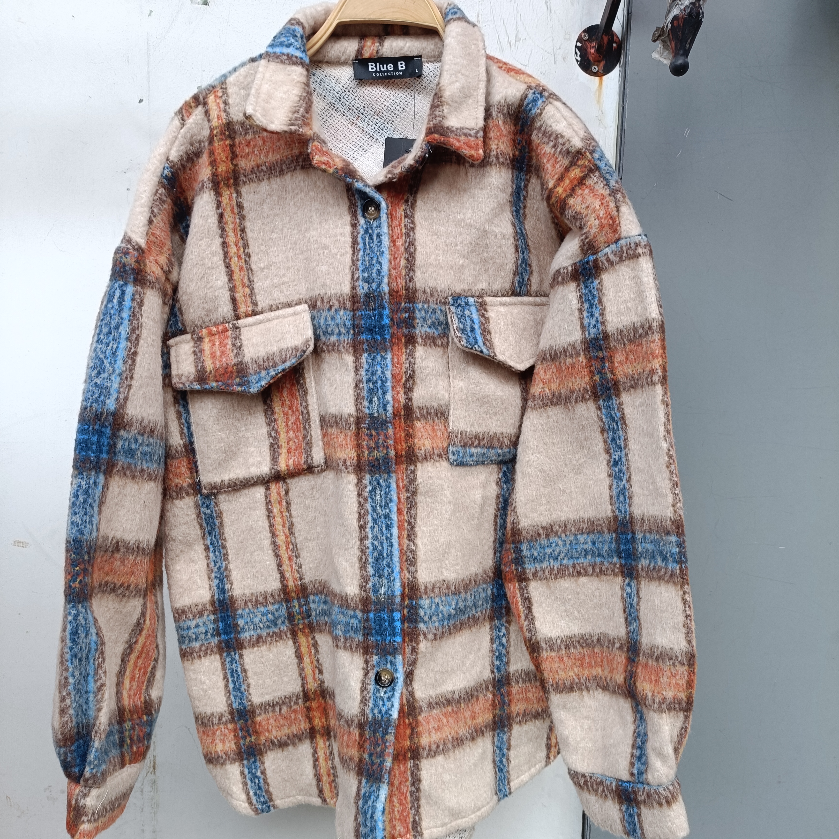 欧美秋冬新款潮流宽松格纹毛呢外套休闲保暖