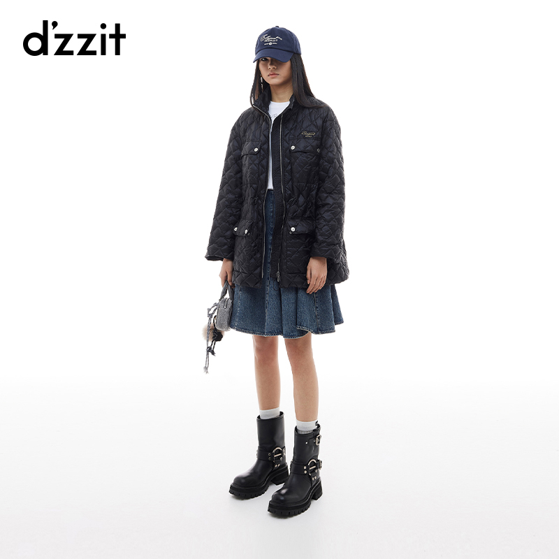 dzzit地素羽绒服冬季时髦菱形格宽松抽绳收腰轻薄外套女3I4K324