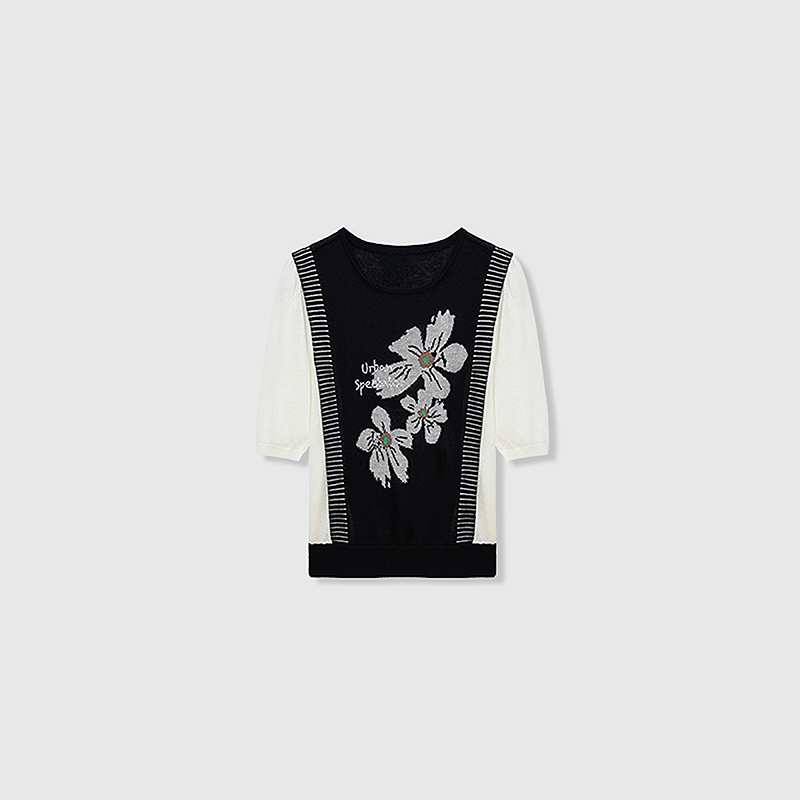 HPLY荷比俪女圆领拼接撞色花朵刺绣宽松休闲针织衫HYD31650373