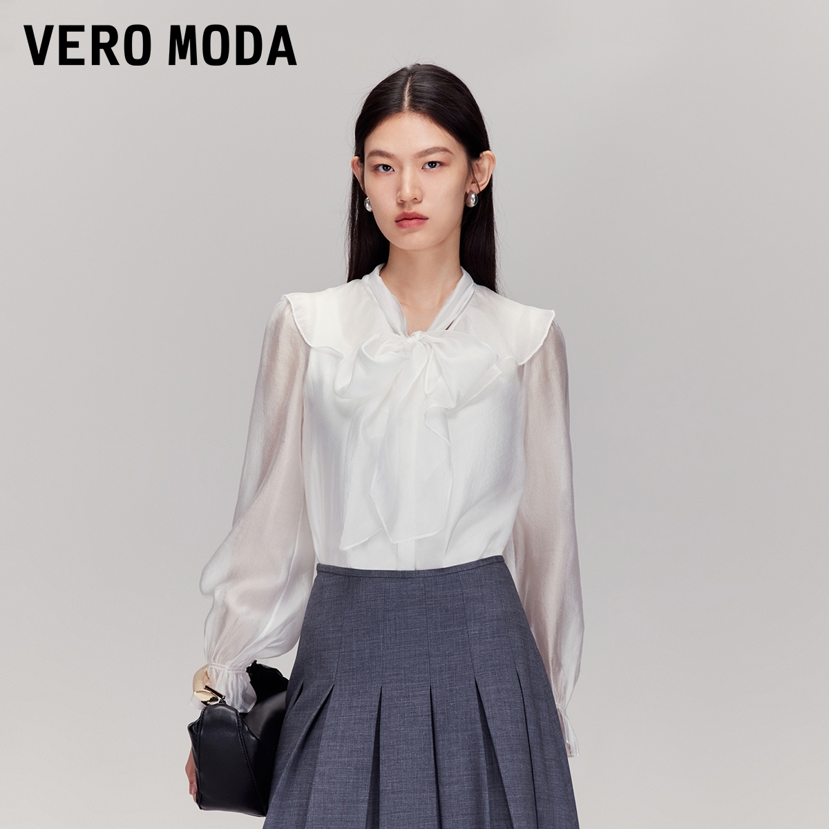 Vero Moda衬衫2025秋季新款飘带领荷叶边纯色百搭上衣老钱风小众