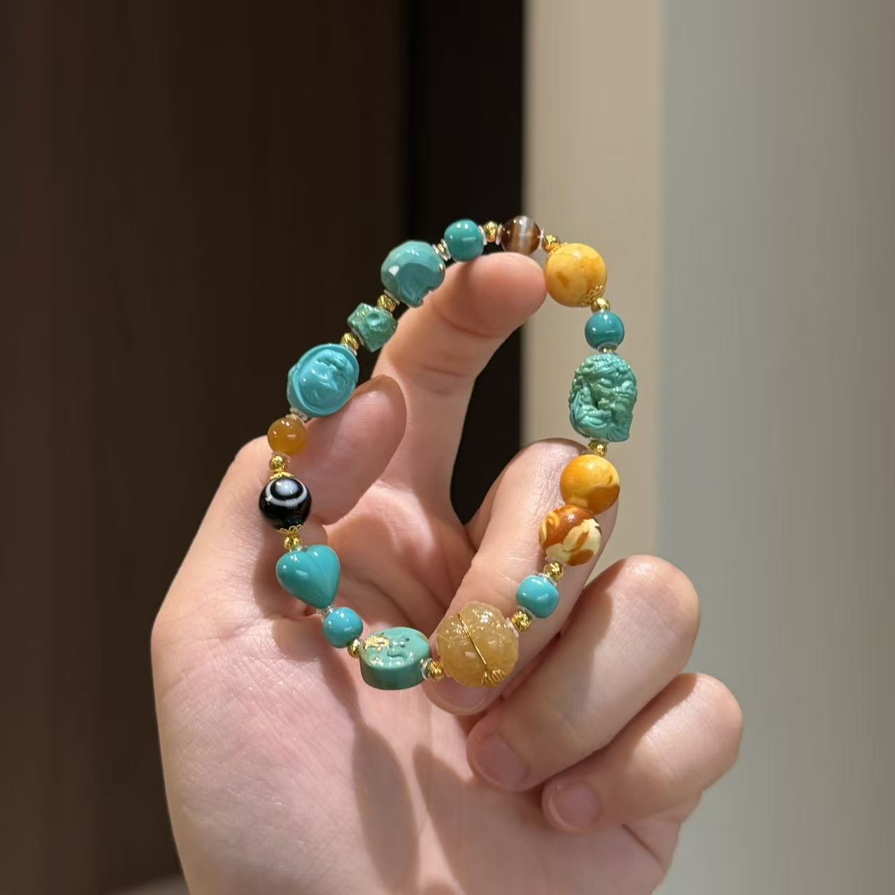 【壹芳珠宝】天然原矿绿松多宝扎基拉姆18k金镶单圈