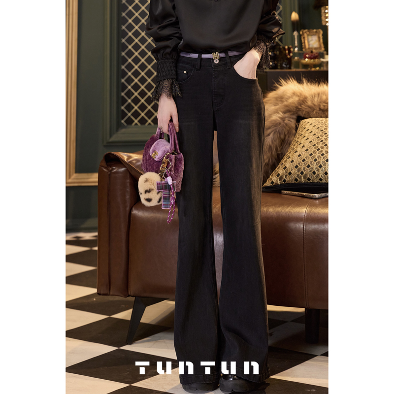 吞吞TUNT【树皮裤2.0 黑色】时髦微喇平腰牛仔裤