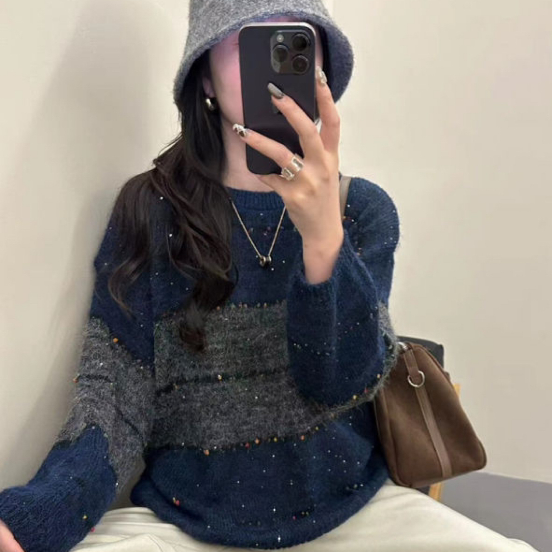乒乓软亮片立体彩纱秋冬季常规毛针织衫女慵懒风针织拼色复古上衣