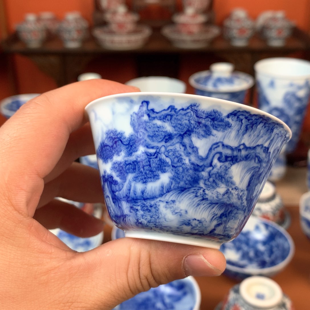 山水主人杯手工手绘