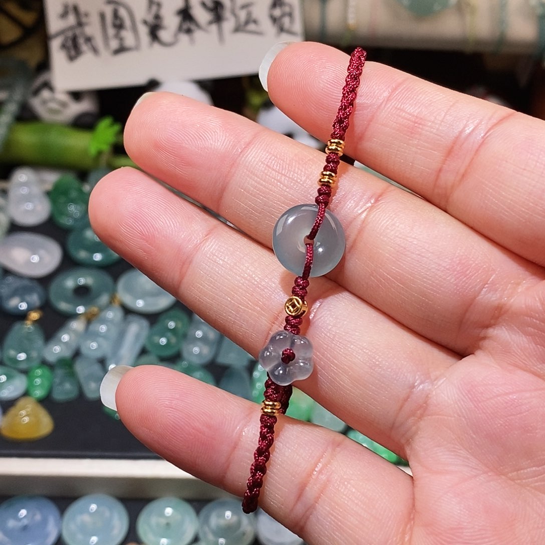 翡翠未镶嵌颈饰平安扣小花手绳15可调节