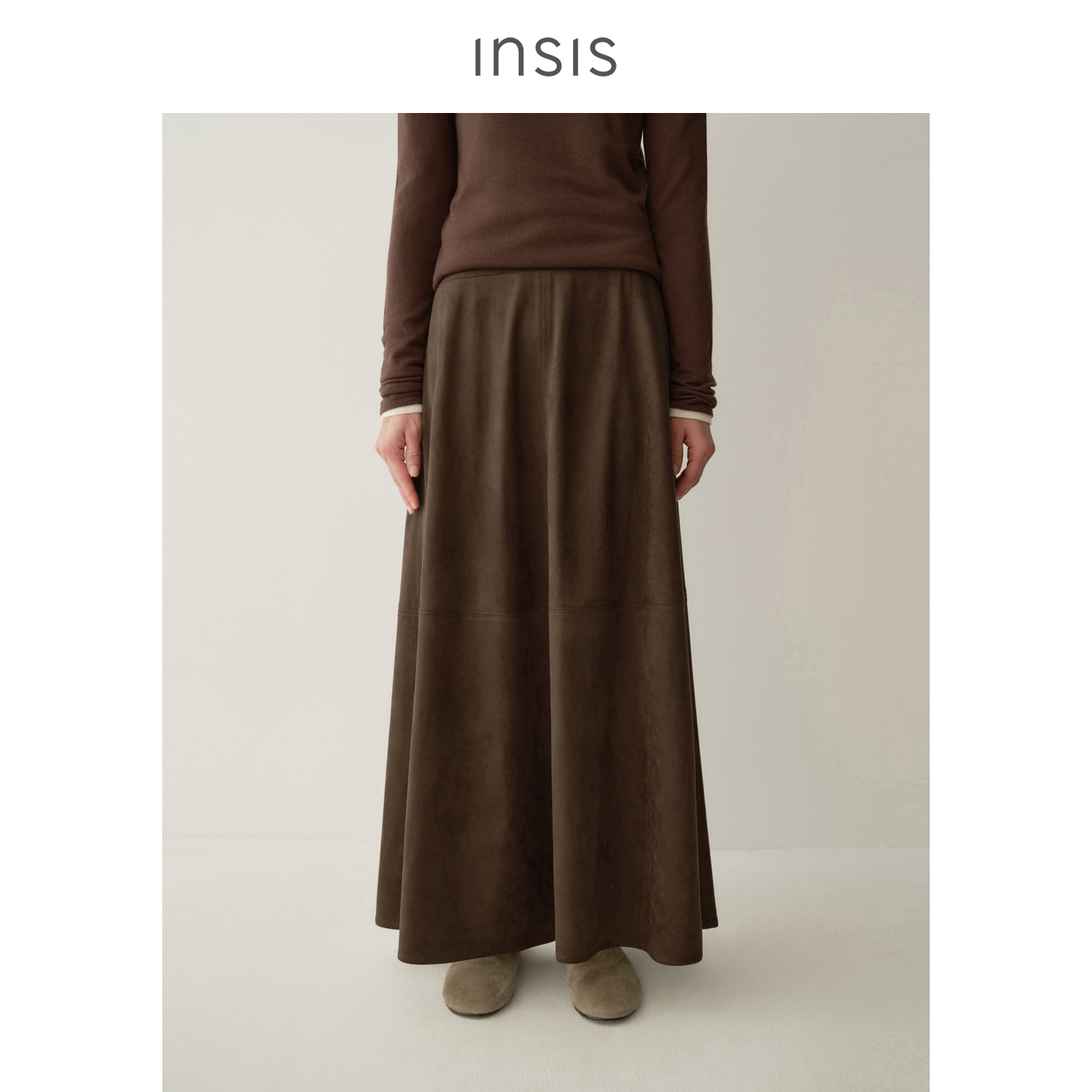 INSISFEMME麂皮感2025冬季新款文艺复古风伞型分割长款半身裙女