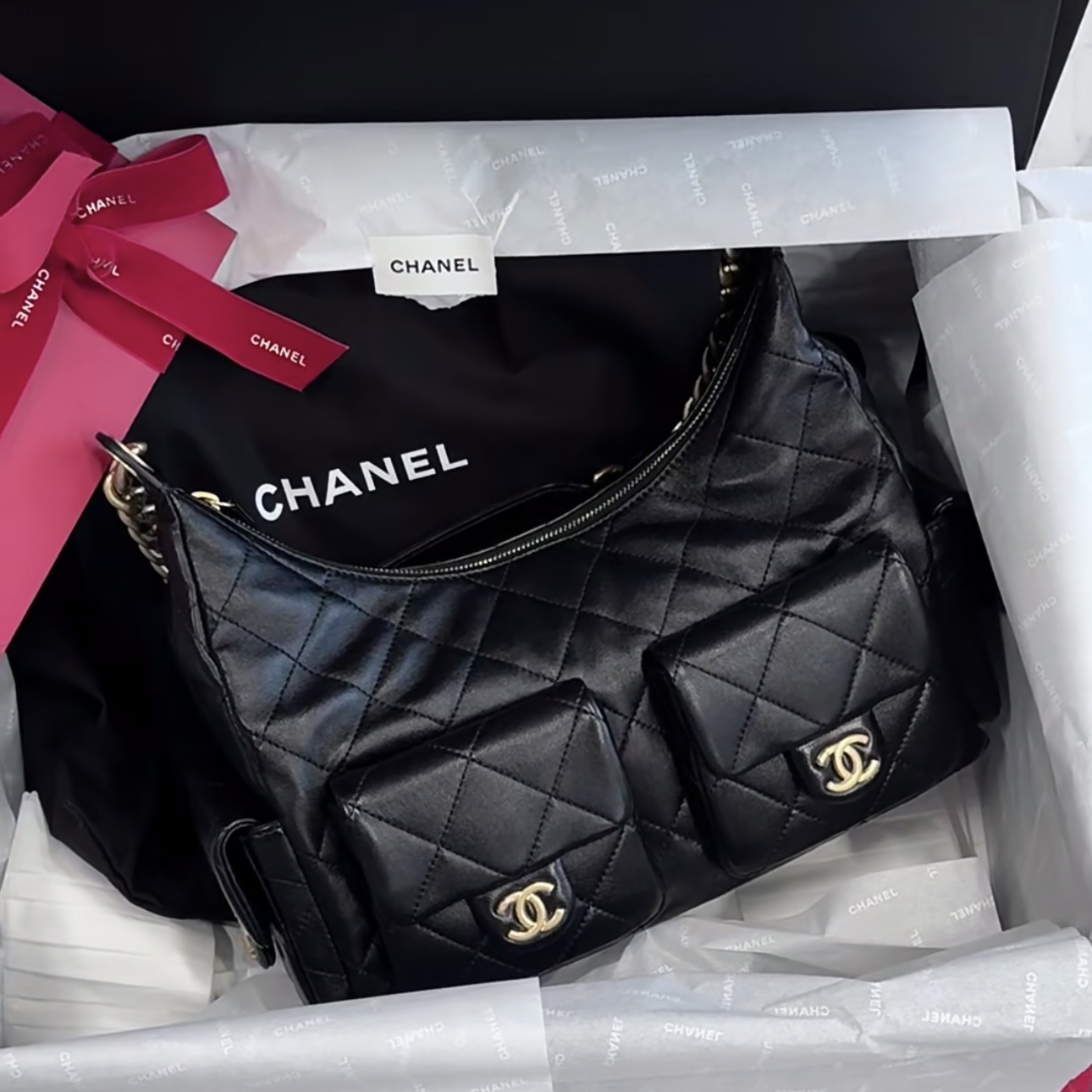 未使用 Chanel/香奈儿 香奈儿25C黑金嬉皮hobo大号 芯片款