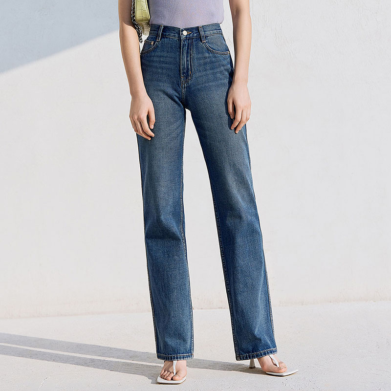 MOCO复古洗水高腰拖地牛仔裤直筒休闲宽松筒裤MBB2JENT15