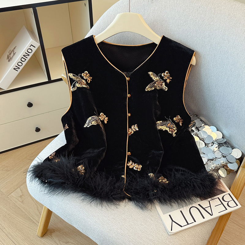 新中式国风丝绒重工刺绣亮片马甲女2025秋冬新款高级感坎肩背心