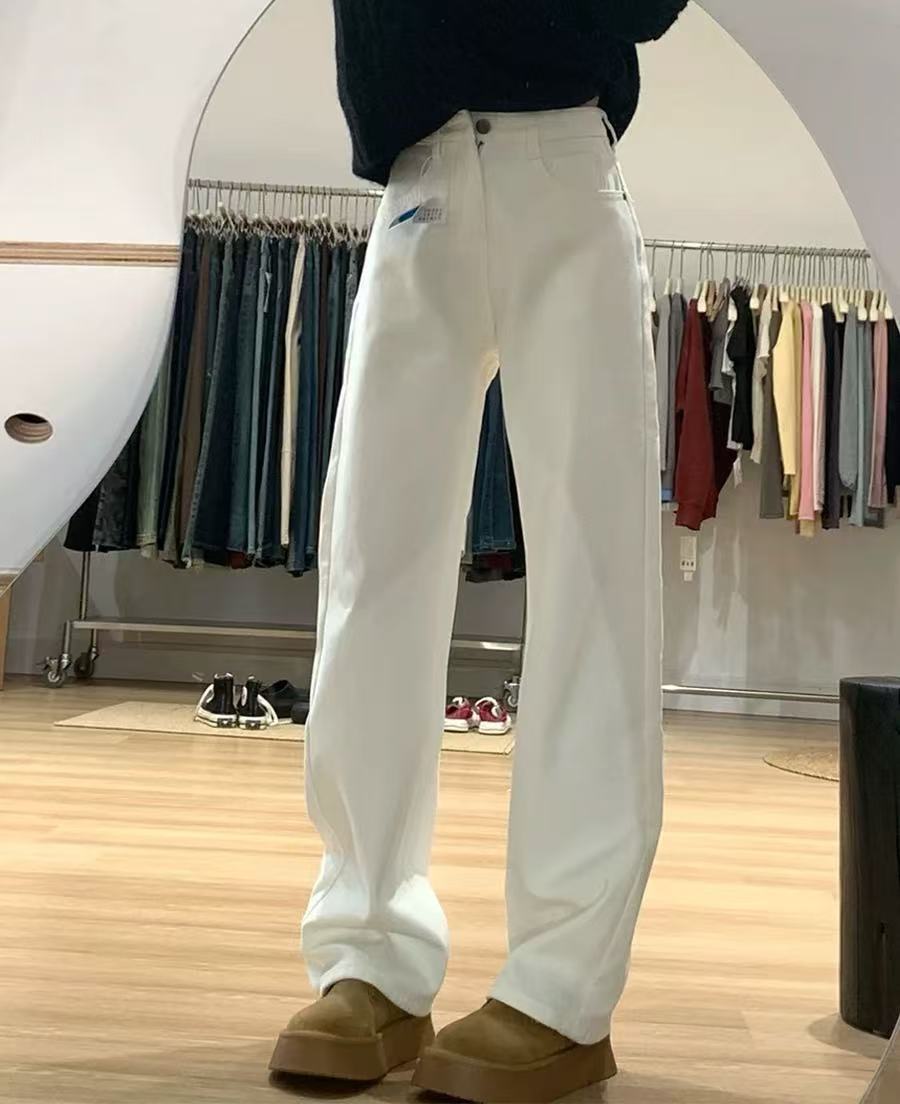 5627三炫女装秋冬新款美式白色直筒中高腰加绒百搭休闲牛仔裤