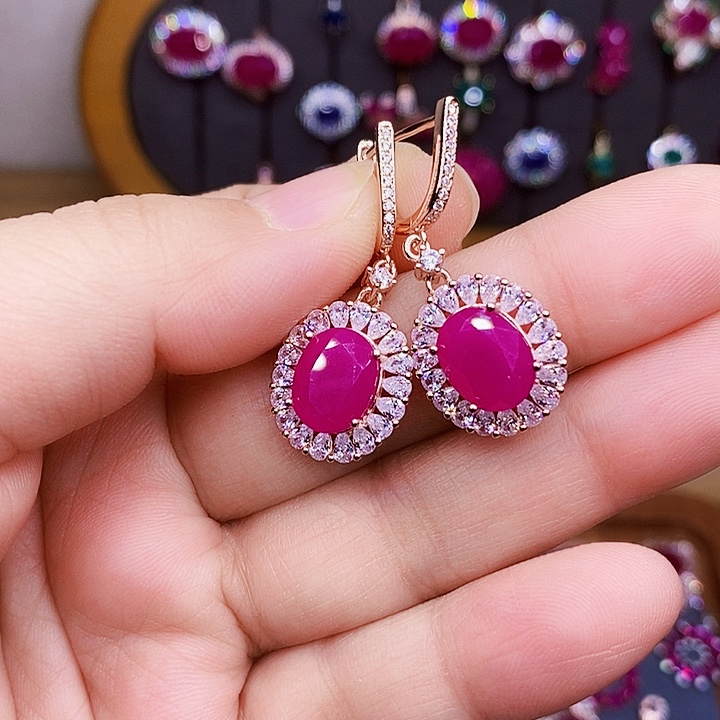 M***火红宝石耳饰银S925镶嵌