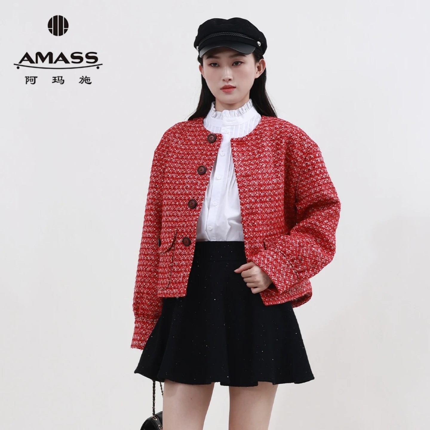 阿玛施【官方正品】复古小香风粗花呢短款质感绵羊毛外套女5400912
