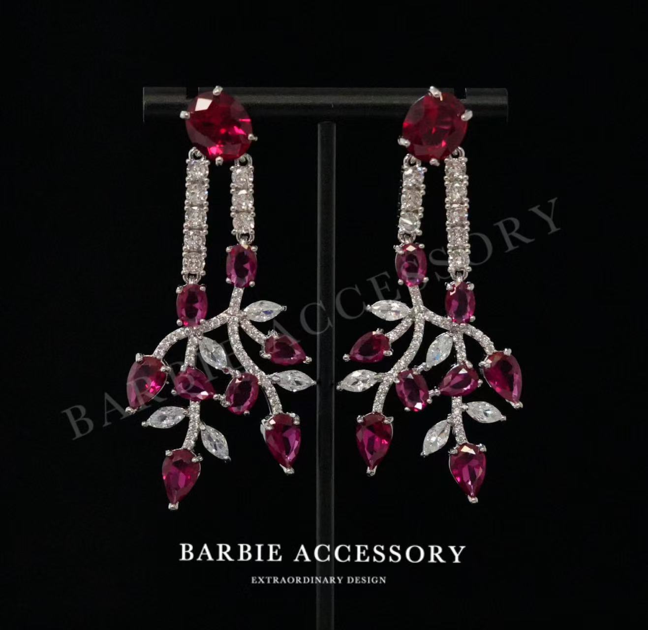 铜合金合成锆石耳饰 【玫红星叶】时尚轻奢设计款高级绝美百搭耳环