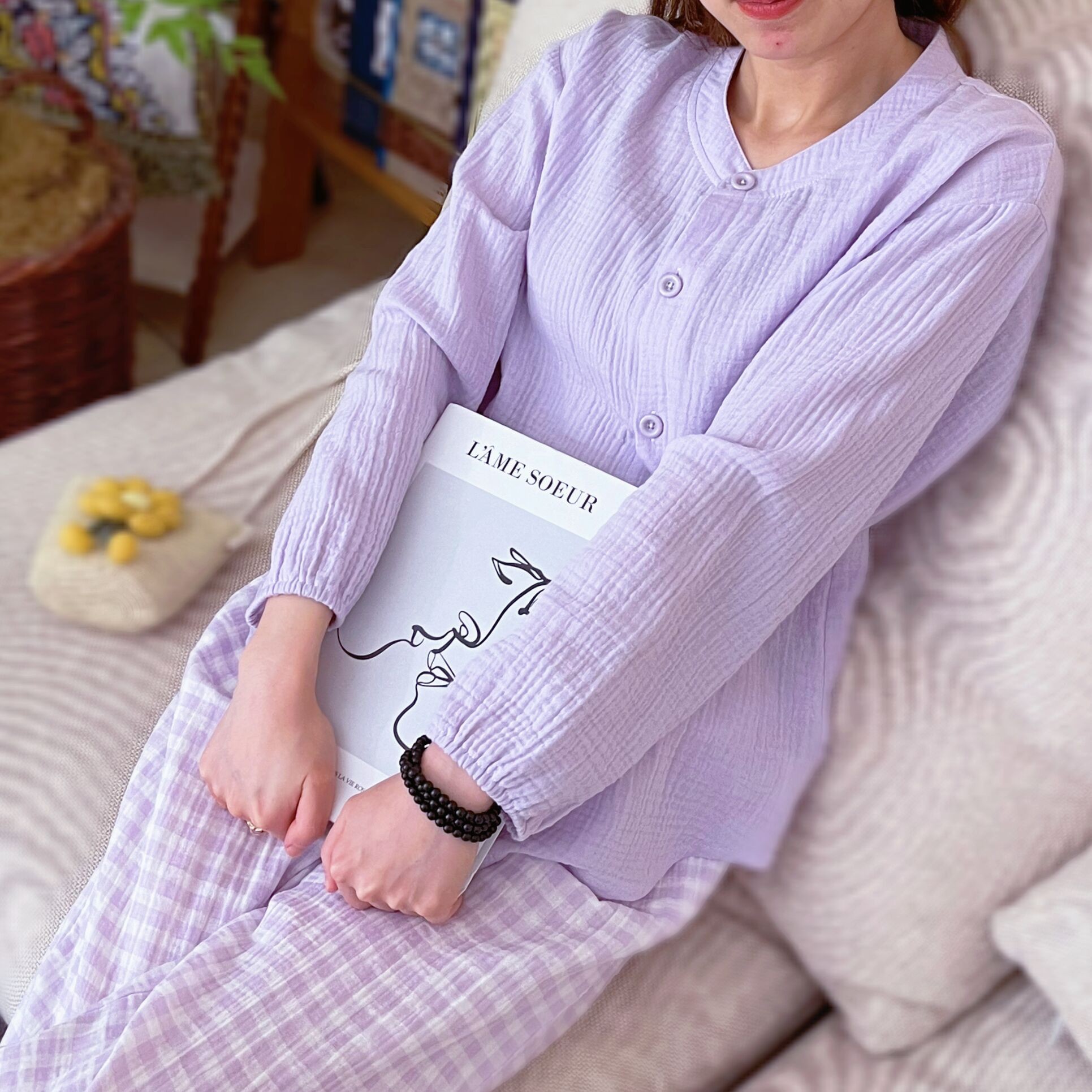 纯棉纱布薄款长袖开衫家居服套装日系格子无印风睡衣女士春秋夏款