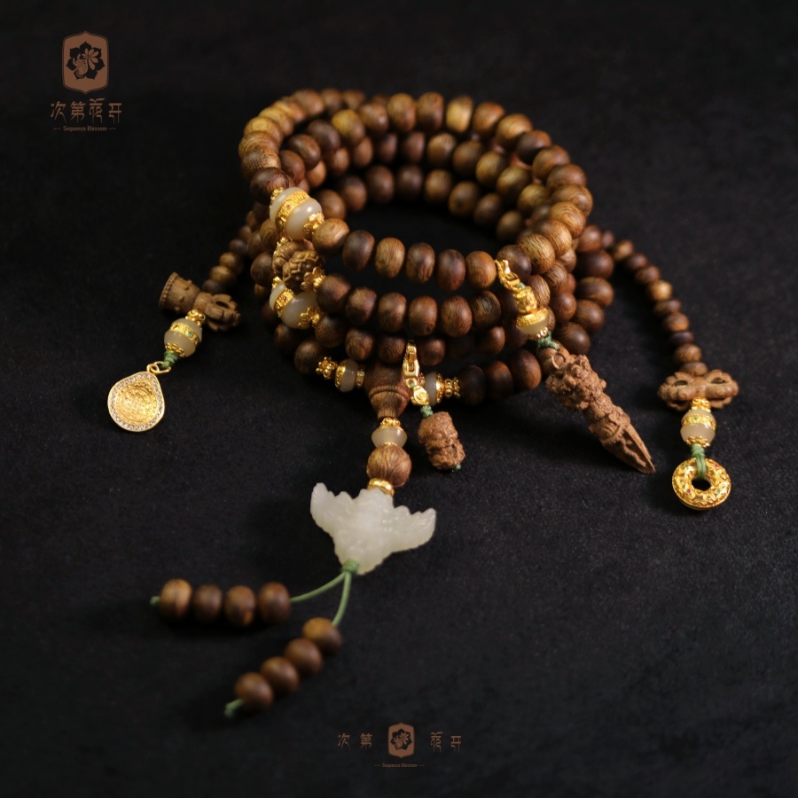 【次第花开】和田玉大鹏 蜜桔珠香香108念珠项链 925银镀金 MZ