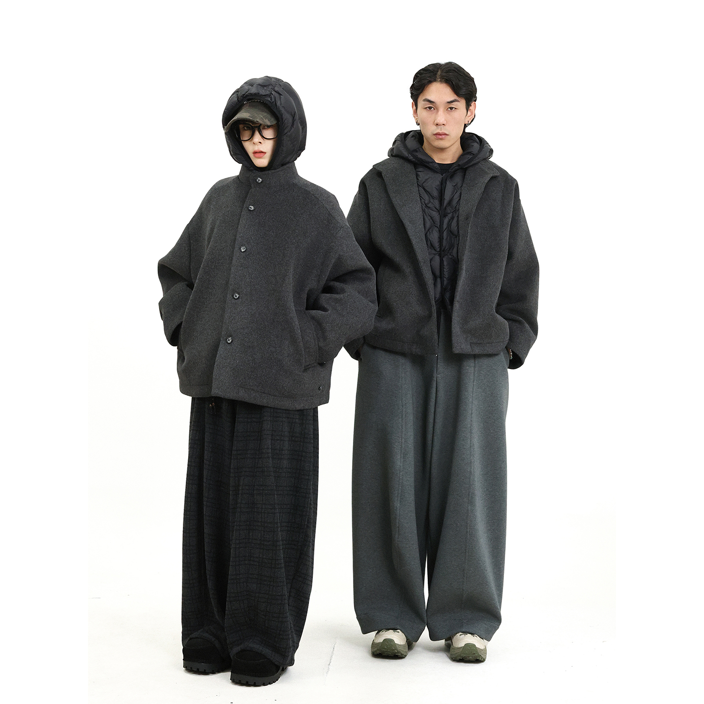 Triffer复古毛呢假两件羽绒服 珩缝拼接90白鸭绒男女款