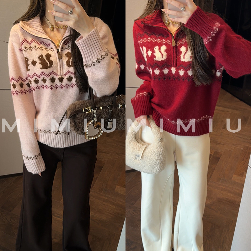 【mimius】肉肉 撞色提花小松鼠羊毛半拉链毛衣 WG10140