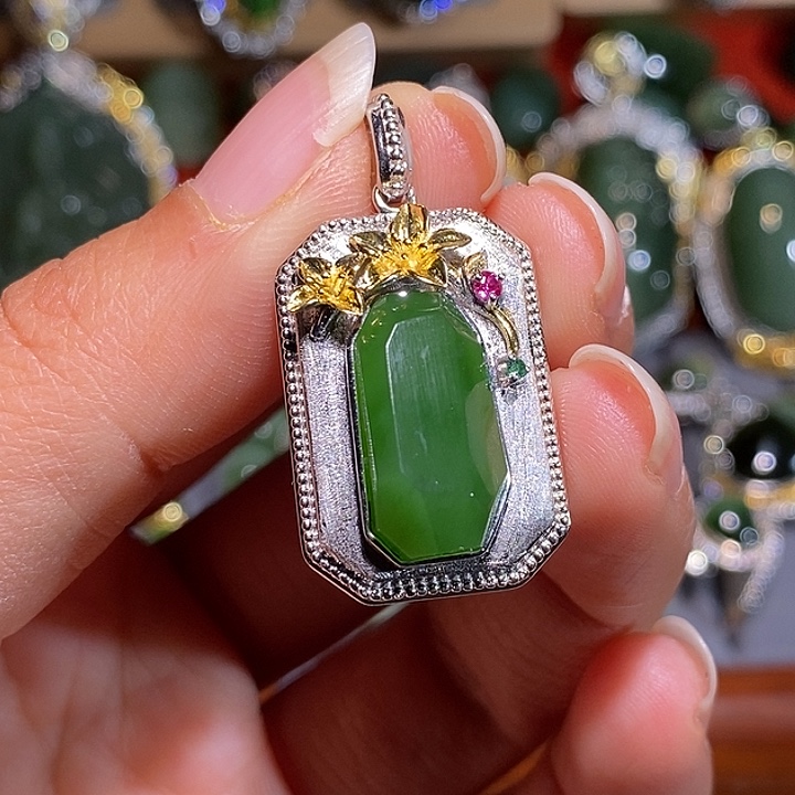 和田玉（碧玉）银S925镶嵌颈饰