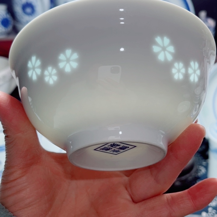 青花玲珑5寸饭碗三星花素玲珑