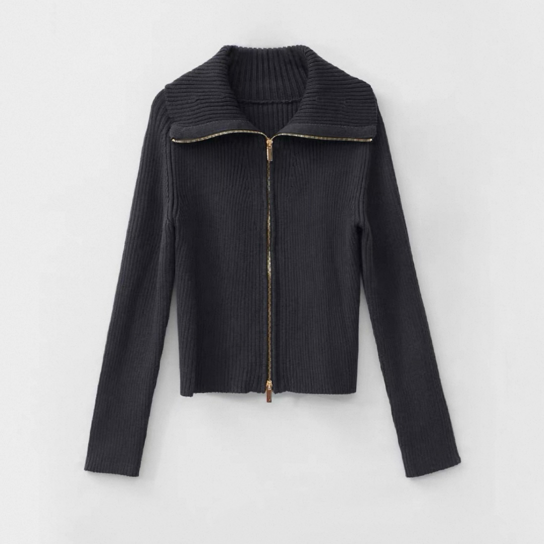 秋冬新款重磅加厚羊毛天丝马鞍肩双开拉链大翻领长袖针织开衫