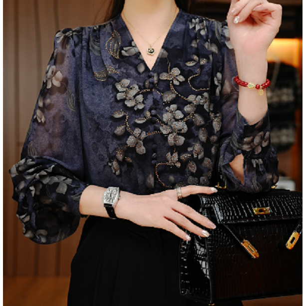 春季时尚显瘦复古优雅宽松气质提花休闲印花百搭衬衫长袖V24Z206