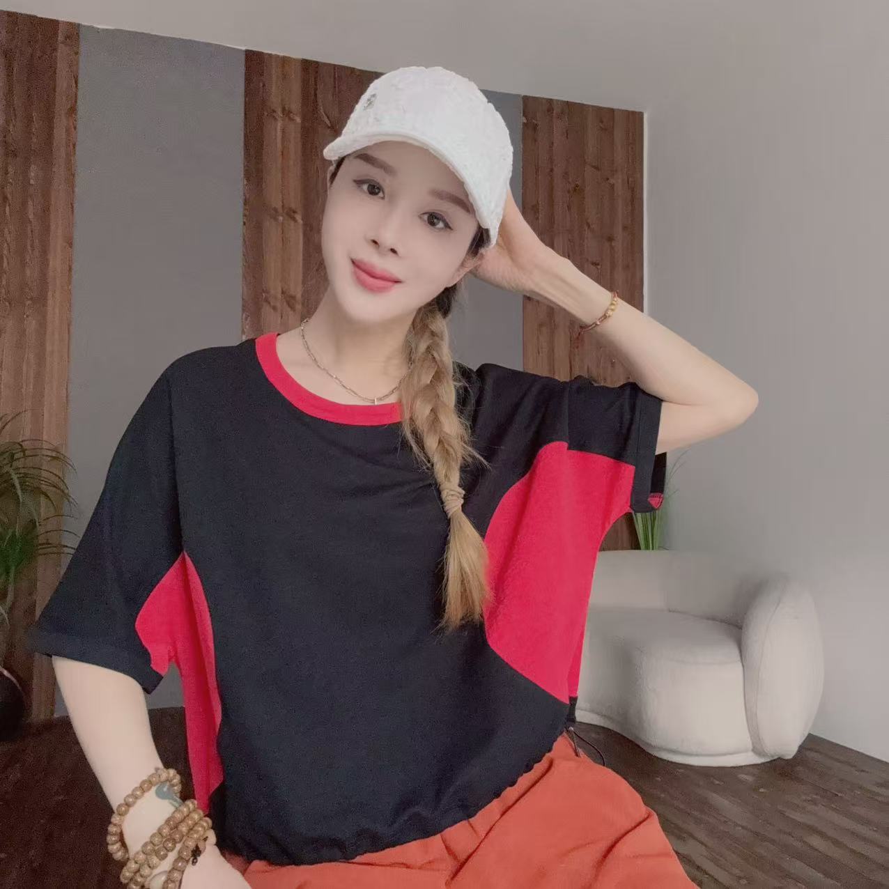 0522显瘦拼接条纹常规圆领韩版设计感贴布T恤套装贴布绣短袖百搭