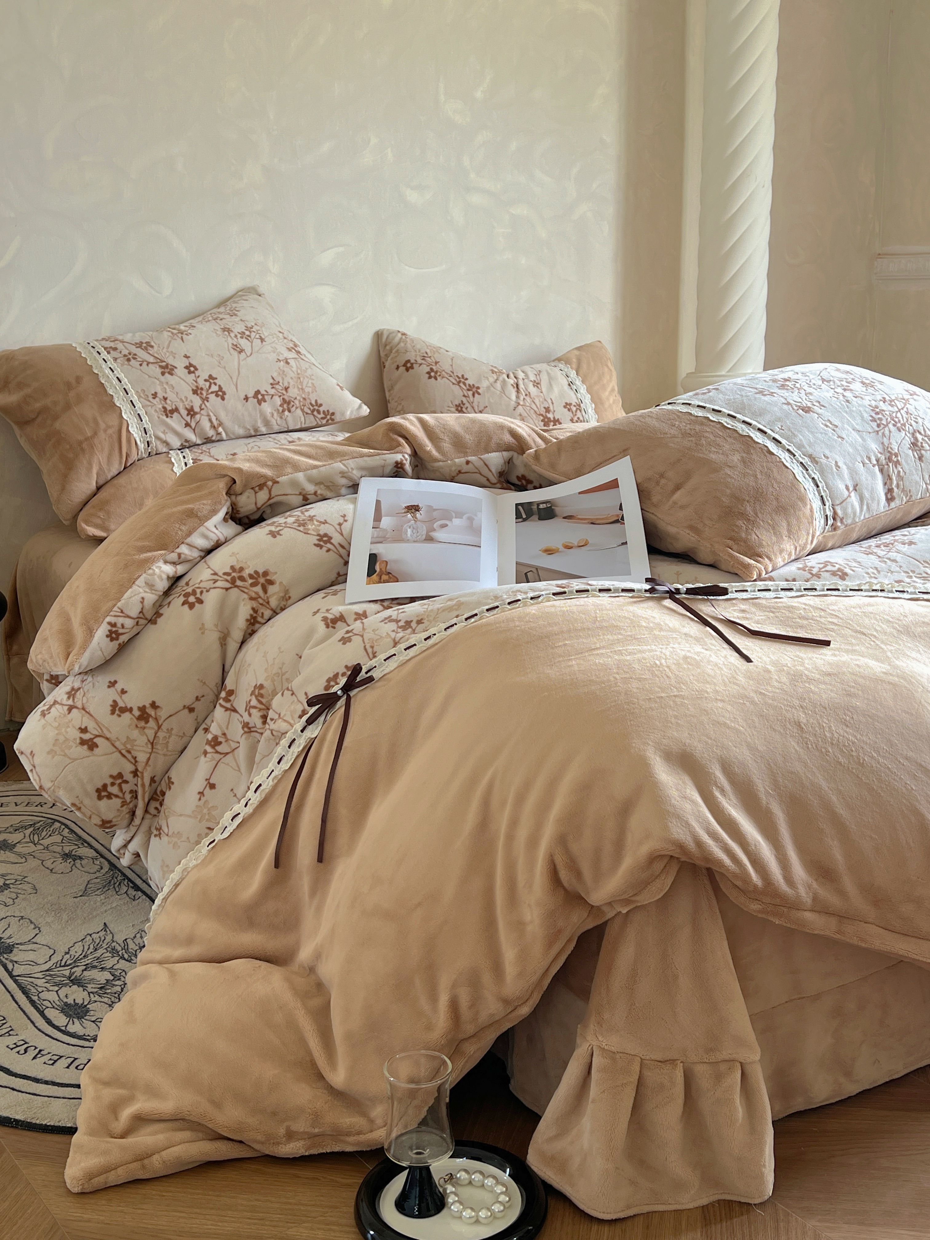 HC 0915  新款法式牛奶绒印花拼接款四件套 浮影-咖