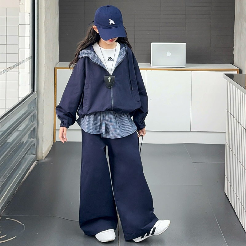 【嘻嘻柚】女童春秋款韩系休闲套装2025新款连帽外套拼格子阔腿裤潮