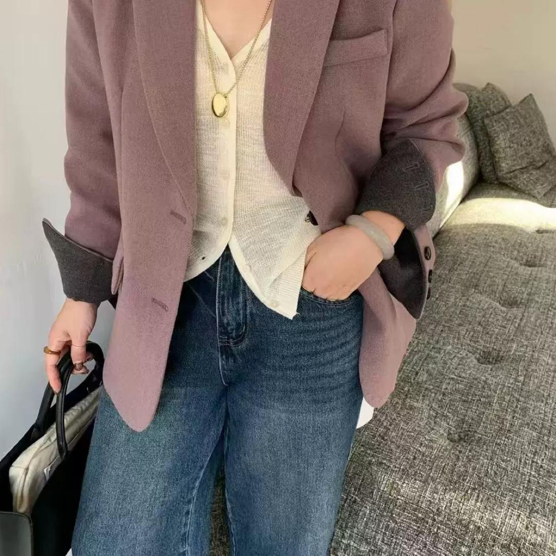 2025冬季新款撞色滚边西装女秋冬毛呢外套高级感百搭通勤呢料西服