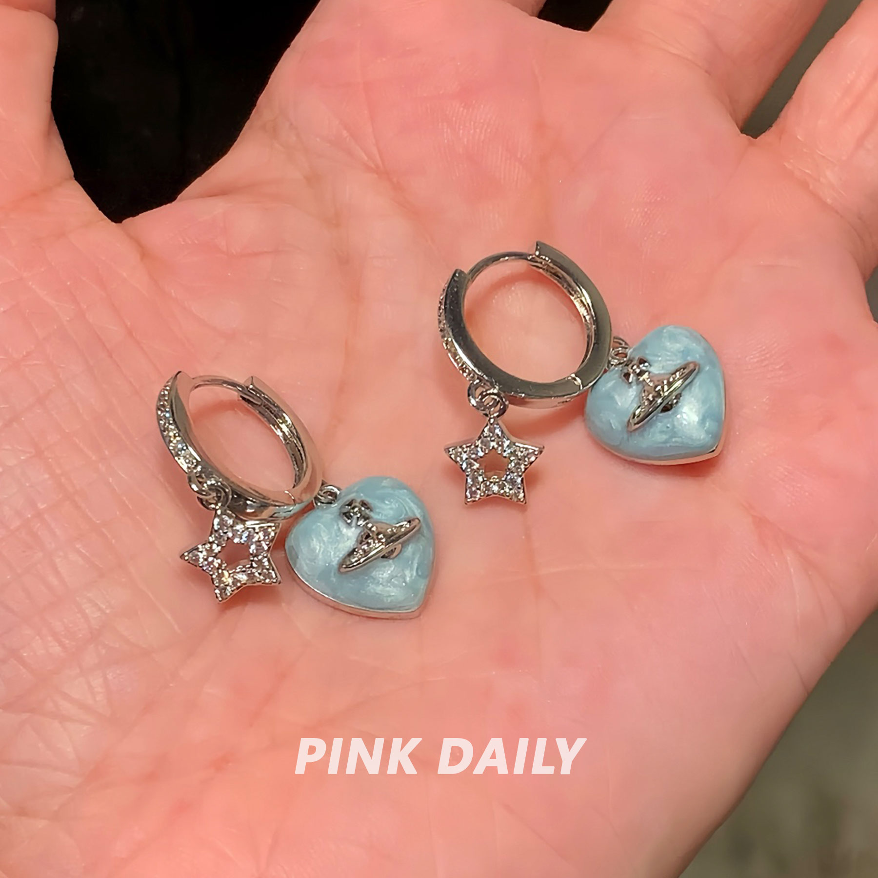 铜合金耳饰 Pink Daily蓝色爱心土星吊坠耳环女星星耳扣小众设计