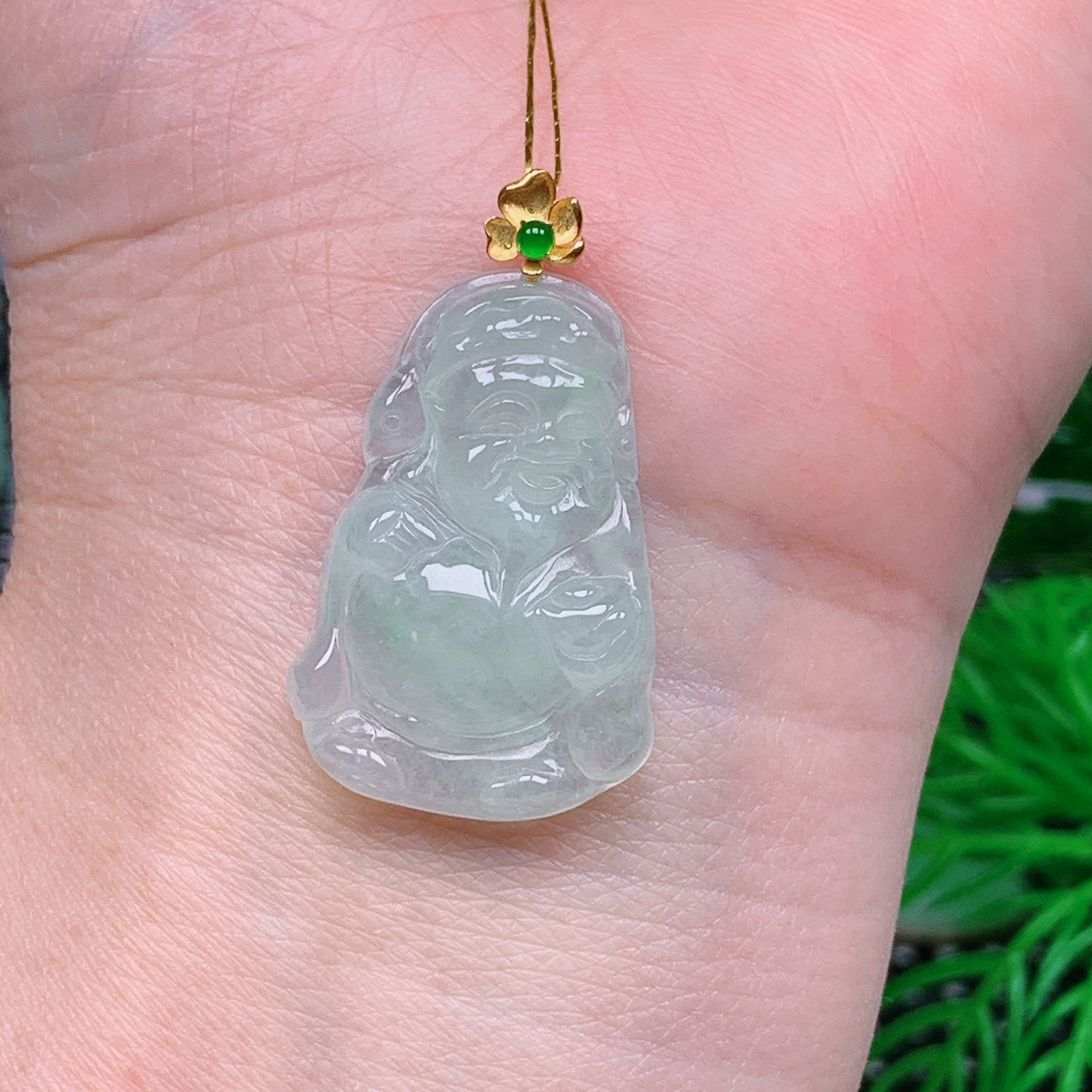 缅甸天然翡翠A货 冰润飘花财神18/1202（尺寸27.5x18.4x6)