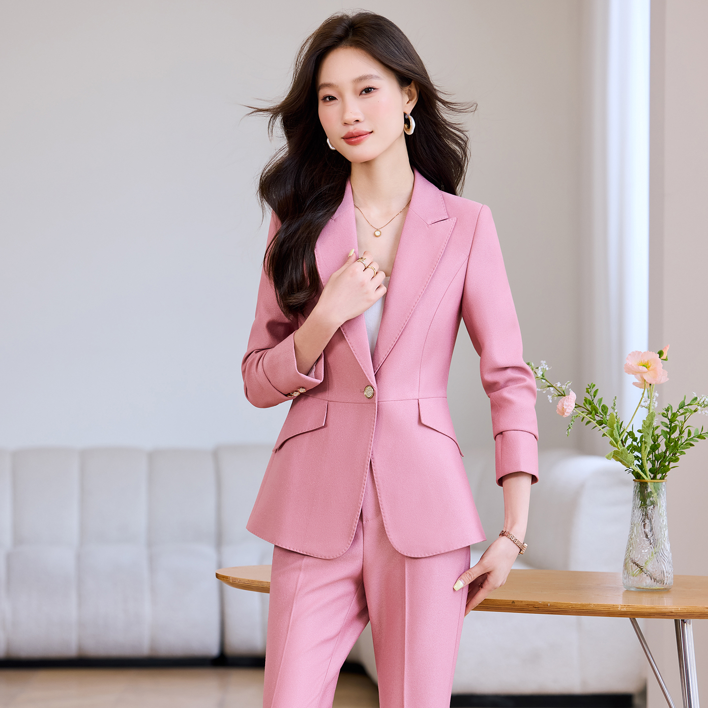 西装领戗驳领口袋粉色修身女西装正装小西装muji风YSY8979