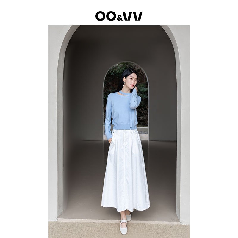 OO&VV【冰融心跳】2025春针织衫女领口围巾式长装饰带套头简约上衣