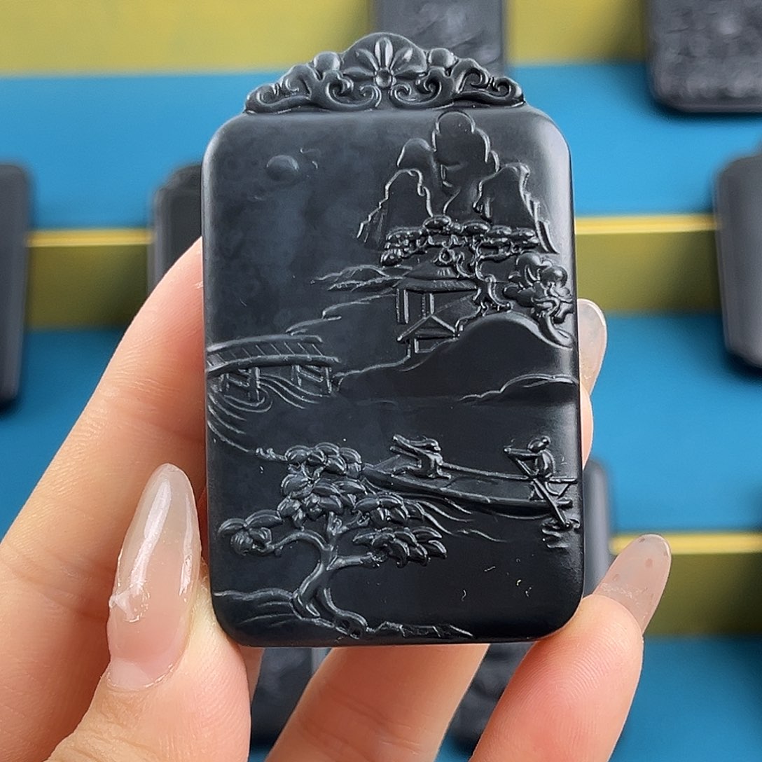 和田玉（墨玉）山水未镶嵌