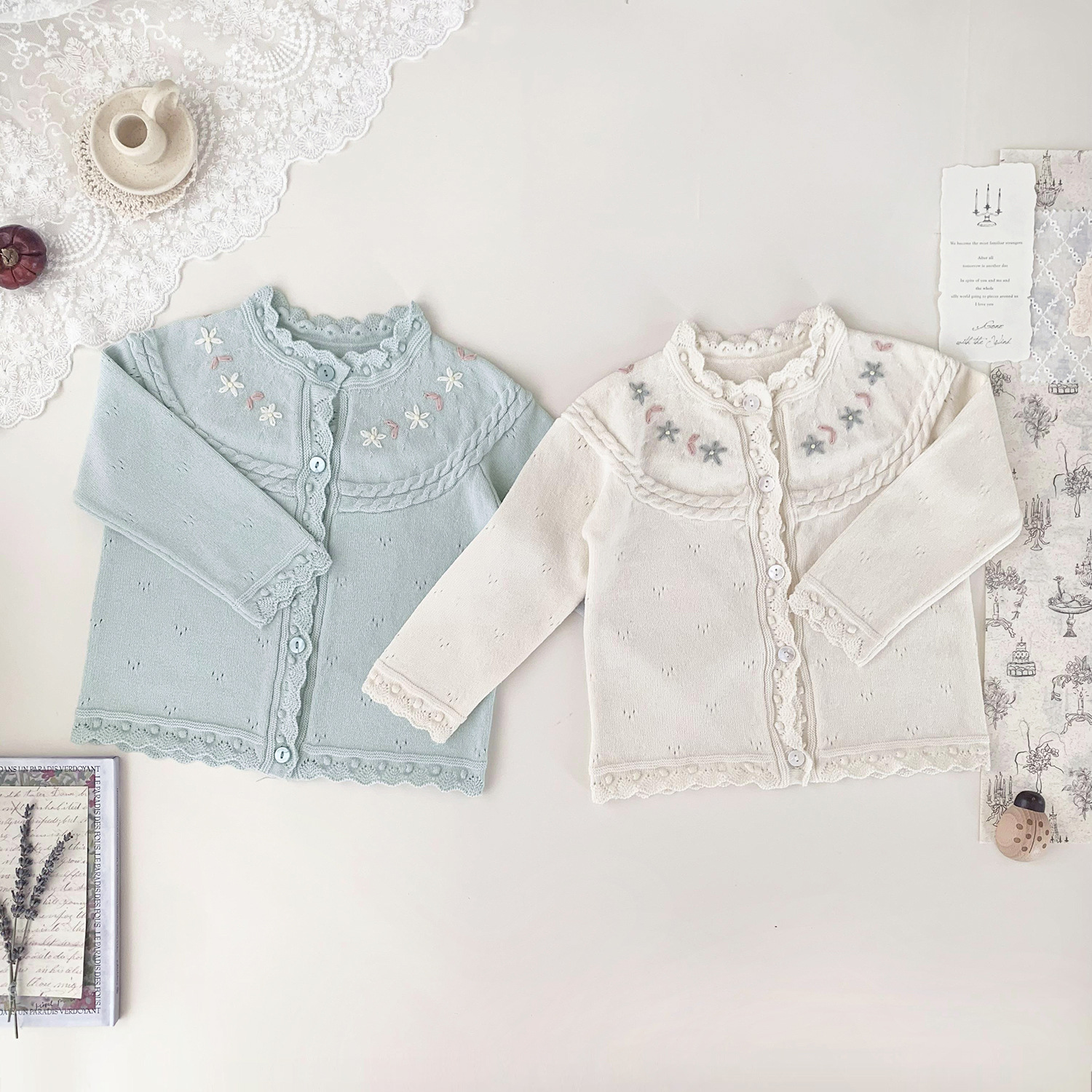 Cutemily春ins女婴童手工绣花开衫毛衣女宝宝薄款圆领长袖针织衫