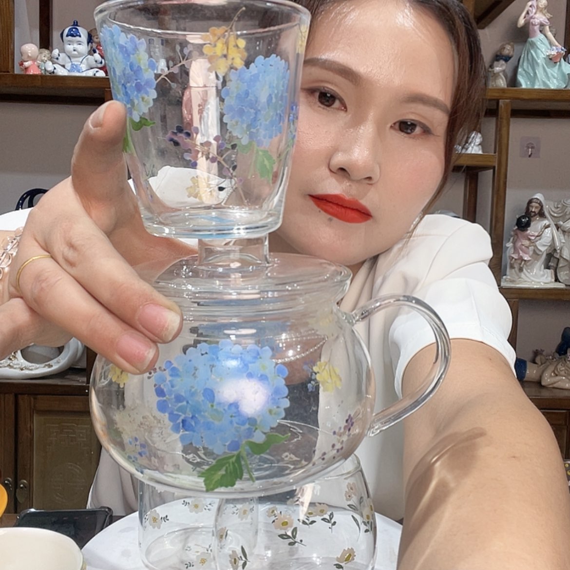 【闪购商品】琉璃手工艺品蓝花杯盖3件套