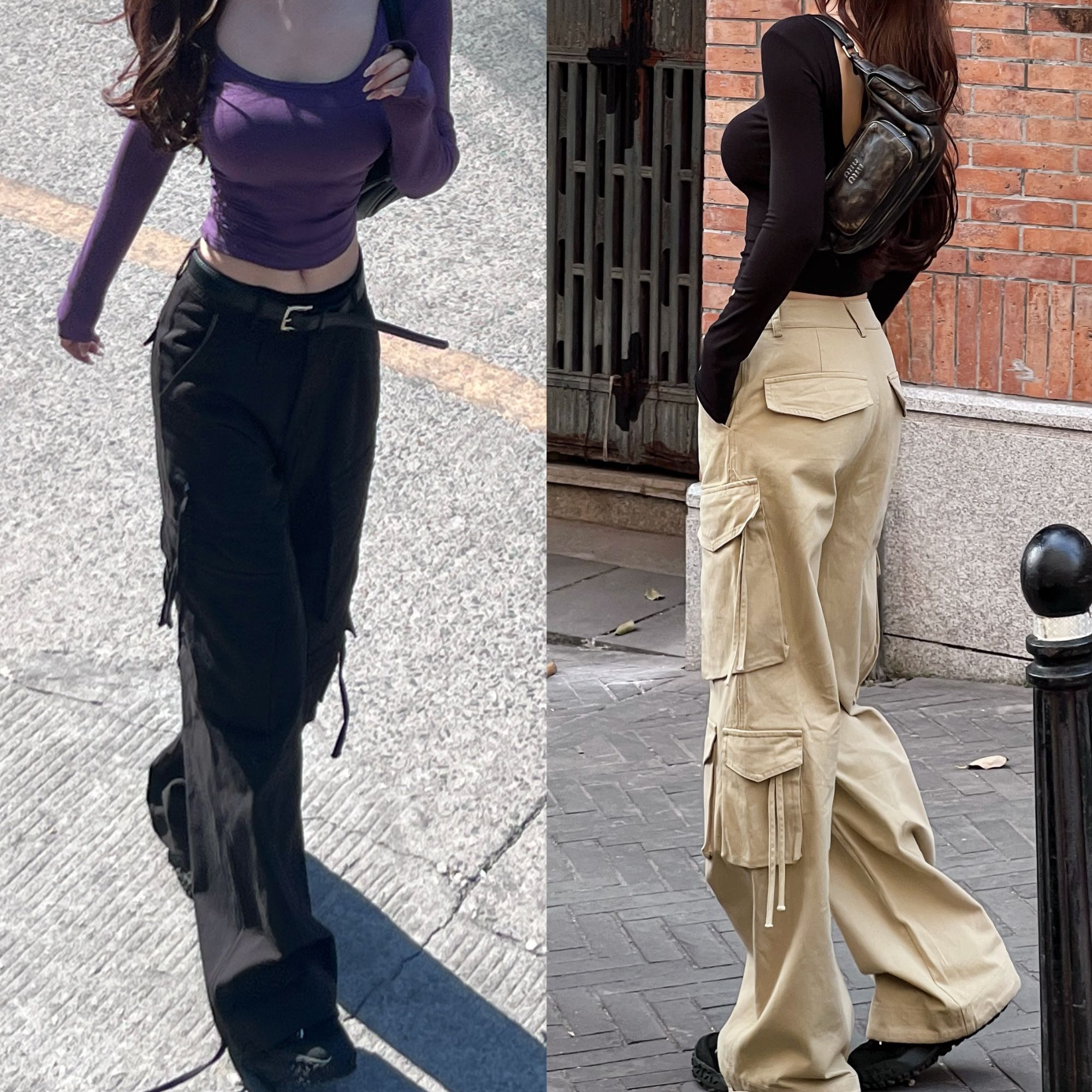 《美式复古》长腿酷妹 甜辣美式街头vibe工装微喇裤卡其工装裤#8507