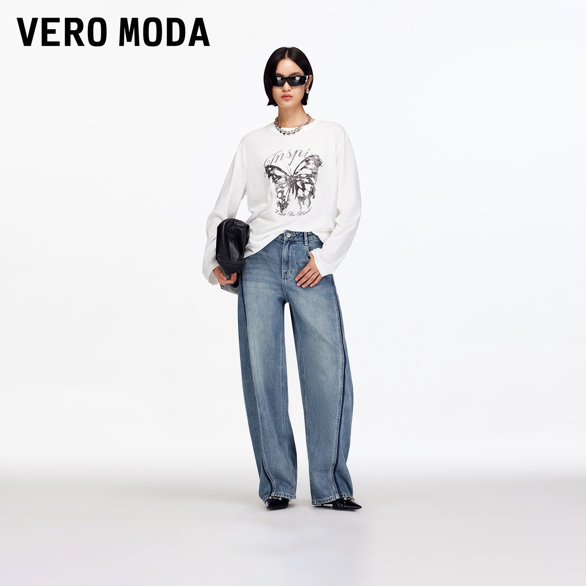 【粉丝专属】Vero Moda牛仔裤纯棉高腰撞色明线气球裤325432002