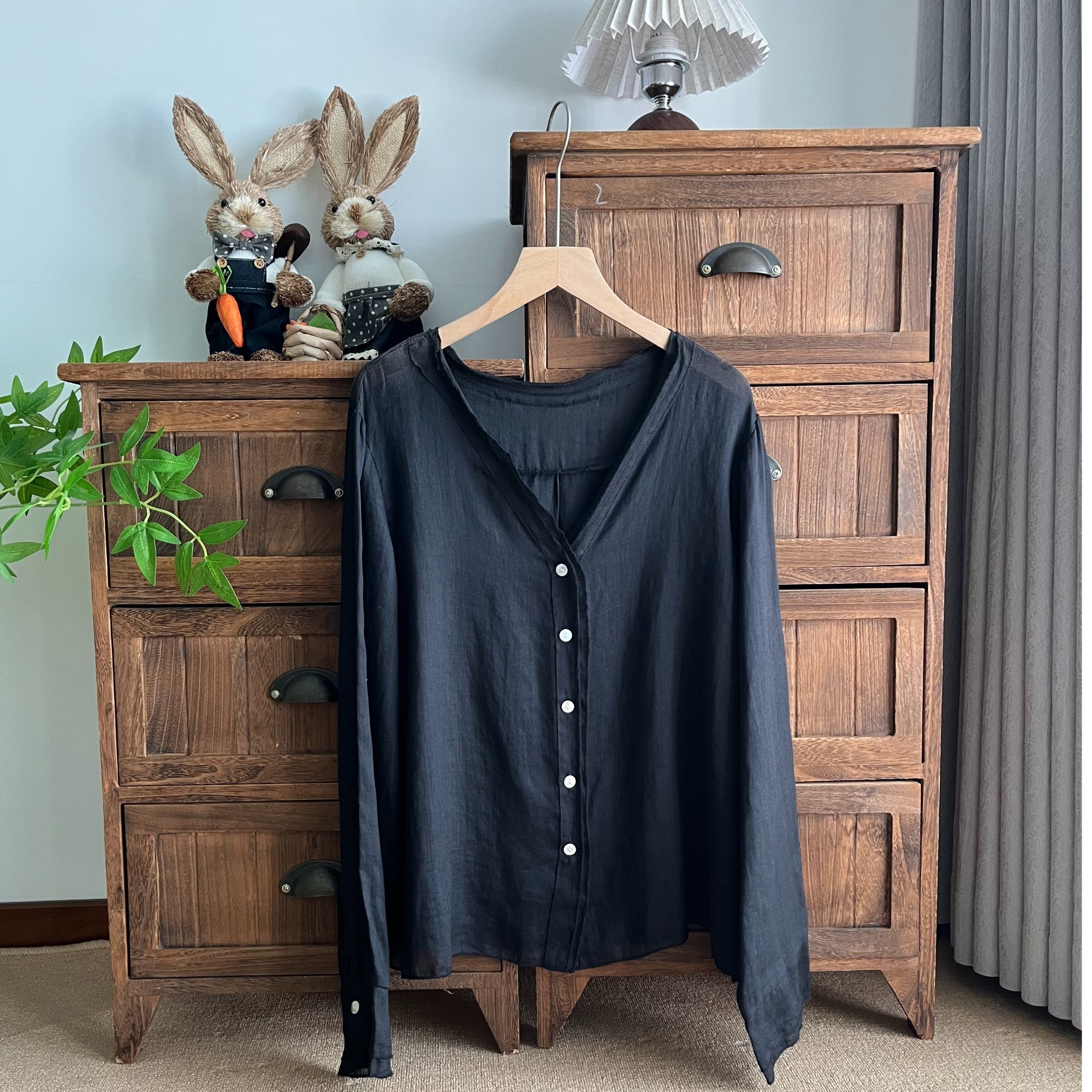 新款 双层V领纯色苎麻开衫上衣女宽松显瘦衬衫领长袖轻薄防晒衫