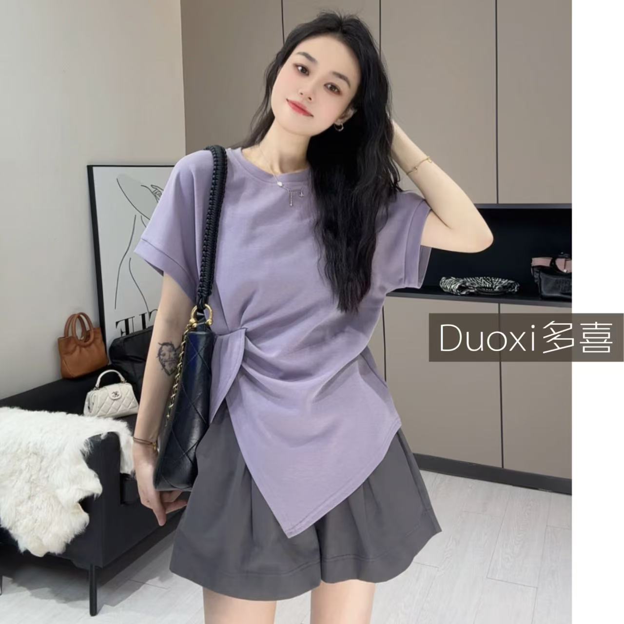 Duoxi【压褶设计】A014# 春夏新款洋气时尚休闲百搭设计款T恤上衣