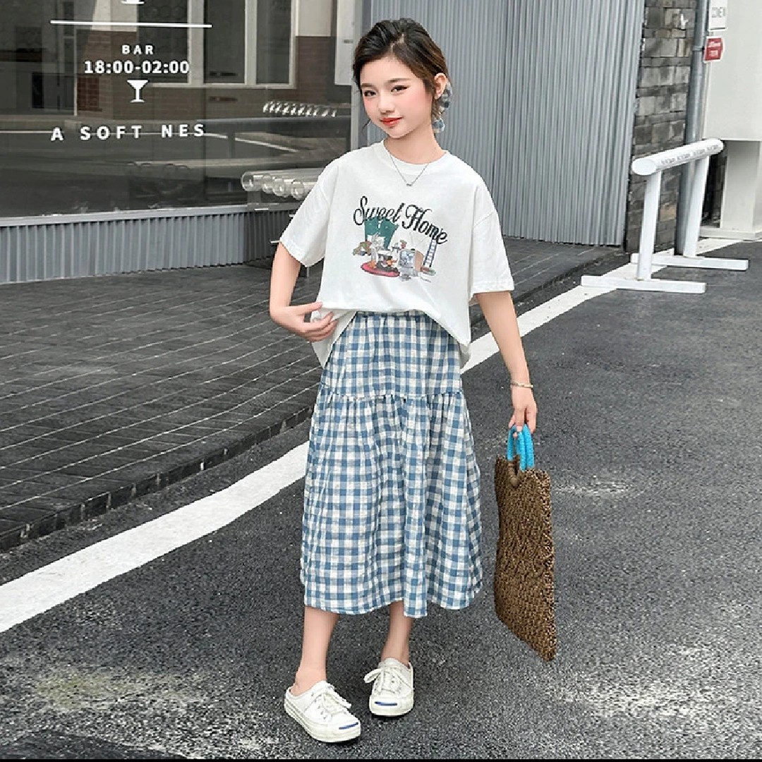 女童夏装印花套装2025夏季新款儿童短袖T恤宽松格子半身裙两件套